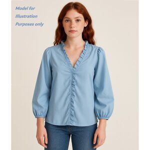 Blue Ruffled V Neck Blouse Womens XL Puff Sleeves Soft Girl Light Academia Offic